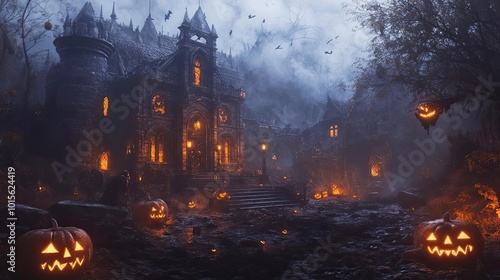 A spooky Halloween scene featuring an eerie mansion, glowing pumpkins, and a mysterious, misty atmosphere.