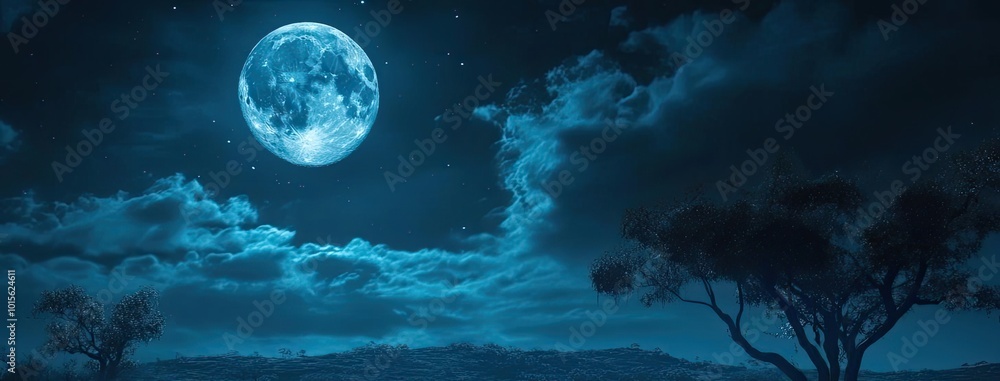 A serene night scene featuring a bright moon illuminating a tranquil landscape with silhouettes of animals under a starry sky.