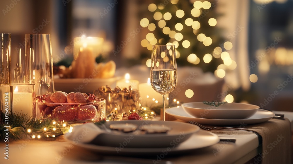 Elegant holiday dining setup with festive decorations Elegant holiday dining setup with festive decorations