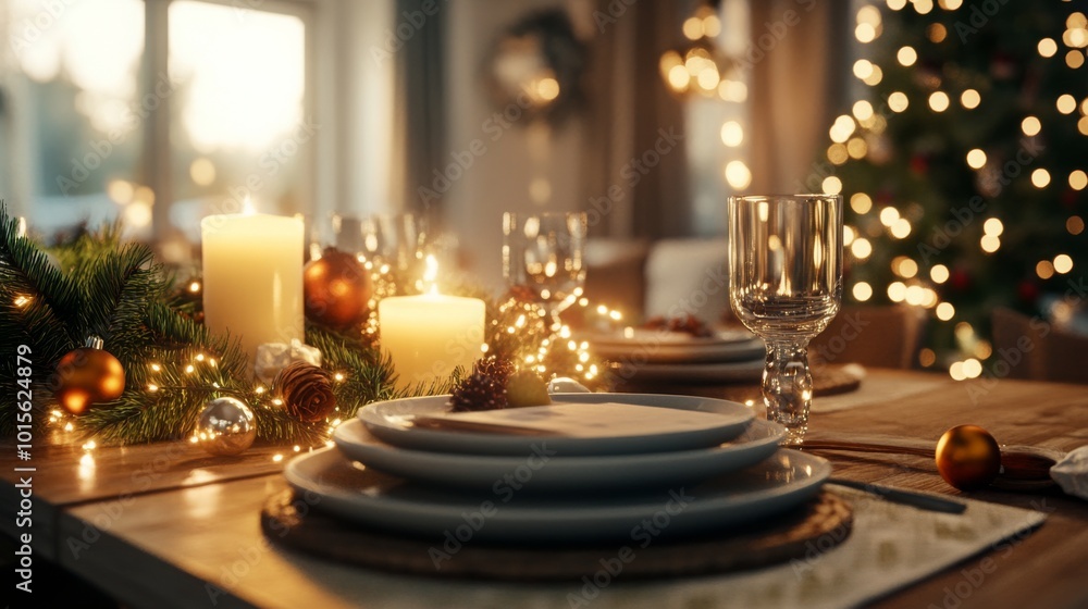 Cozy holiday dining setup with festive decorations Cozy holiday dining setup with festive decorations