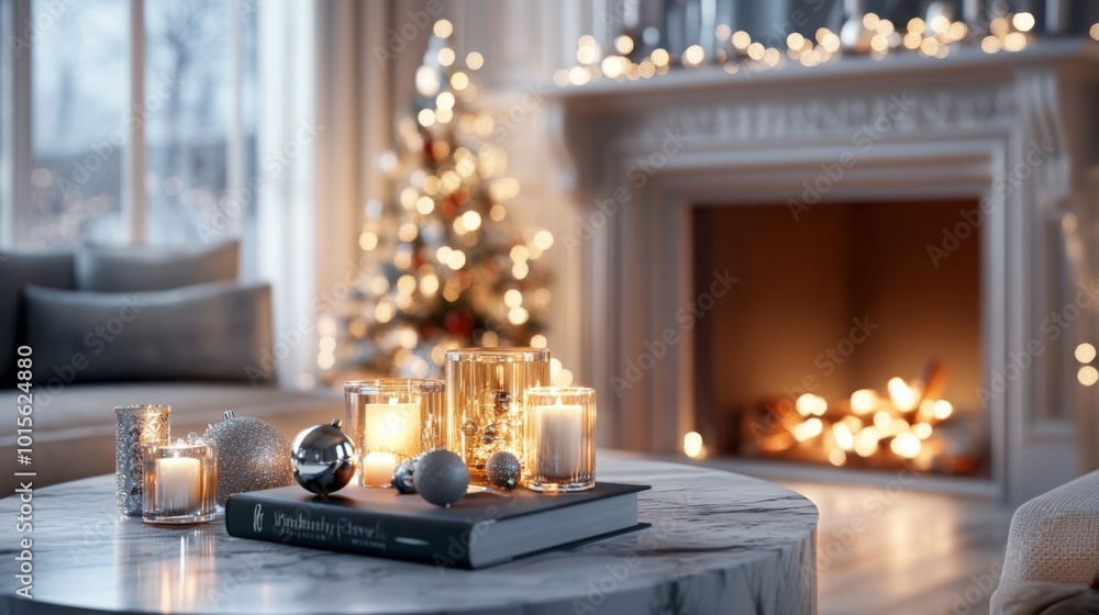 Cozy holiday living room with festive decorations and candles Cozy holiday living room with festive decorations and candles
