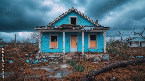 a blue house with a severely damaged roof caused by a fallen tree from a hurricane exemplifying the destruction and aftermath of a natural disaster framed under a cloudy sky