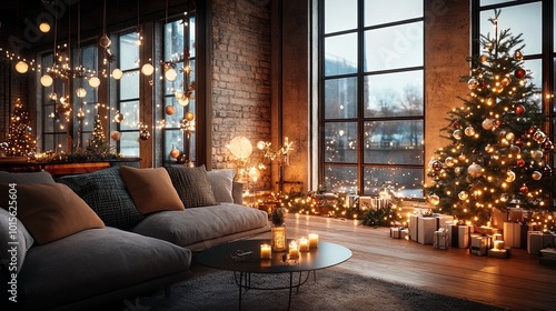 Cozy holiday living room with festive decorations and tree