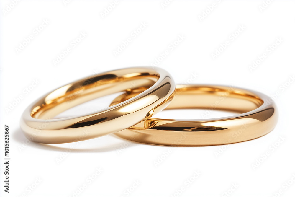 Two Shiny Gold Wedding Bands Interlocked, Symbol of Love and Commitment, Close-up on White Background Two Shiny Gold Wedding Bands Interlocked, Symbol of Love and Commitment, Close-up on White Background
