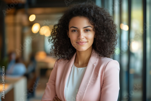 Portrait of a Confident Young Businesswoman with Curly Hair Smiling in a Modern Office Setting