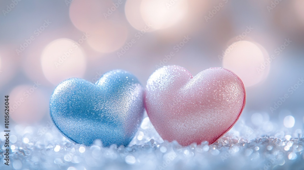 Fototapeta premium Two heart-shaped objects in blue and pink, glistening on a sparkling surface.