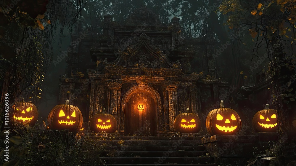 A spooky Halloween scene with glowing jack-o'-lanterns in front of an ancient, mystical temple surrounded by dark foliage. A spooky Halloween scene with glowing jack-o'-lanterns in front of an ancient, mystical temple surrounded by dark foliage.