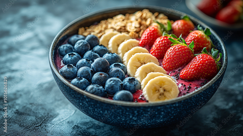 colorful acai bowl with blueberries, banana, and strawberries in blue bowl colorful acai bowl with blueberries, banana, and strawberries in blue bowl