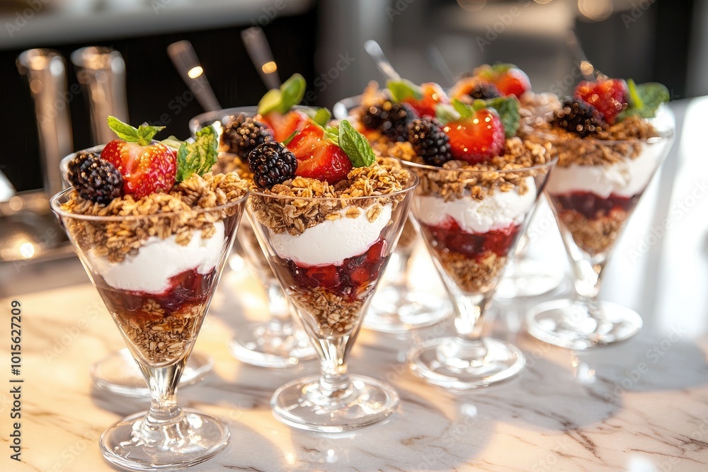 Delicious parfait cups filled with yogurt, berries, and granola, perfect for a refreshing dessert or breakfast treat.
