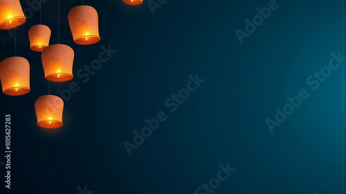 Floating Paper Lanterns Glowing Against Dark Blue Sky for Festive Diwali Decoration