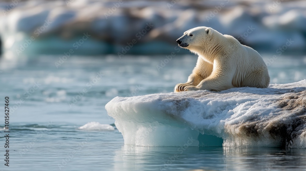 A majestic polar bear sits on a melting iceberg in the Arctic Ocean, its white fur blending into the icy landscape. A majestic polar bear sits on a melting iceberg in the Arctic Ocean, its white fur blending into the icy landscape.