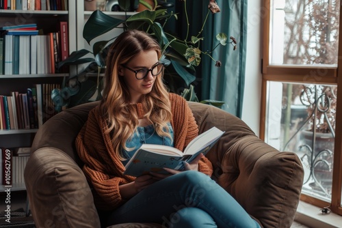 A woman is sitting in a chair reading a book, generative ai image photo