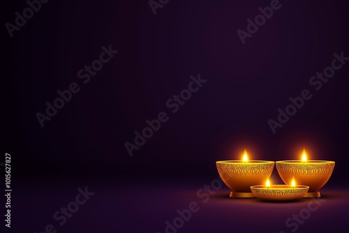 Multiple traditional Diwali diyas radiating warm light, with space for text in a festive greeting