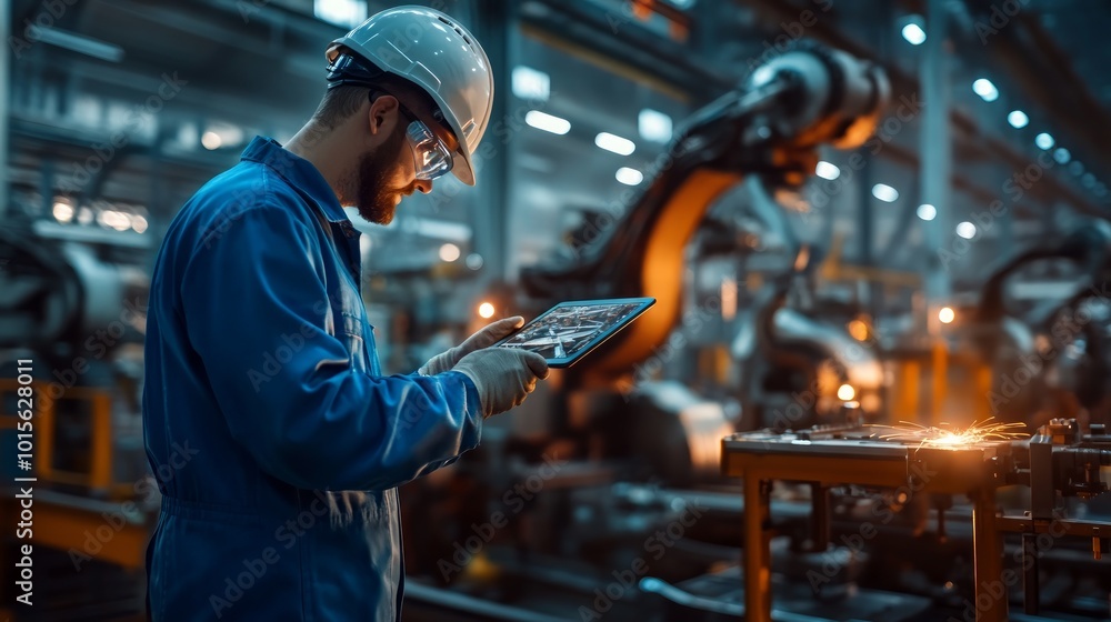 A male industrial worker in a hardhat and safety glasses uses a tablet to monitor the operations of a robotic arm in a factory. A male industrial worker in a hardhat and safety glasses uses a tablet to monitor the operations of a robotic arm in a factory.
