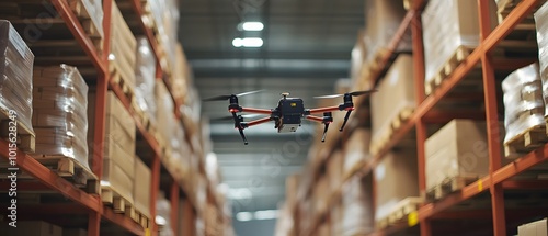 A drone navigates through a warehouse, showcasing modern logistics and inventory management technology in action.