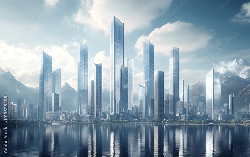 Fototapeta premium A futuristic skyline with towering skyscrapers reflecting in serene waters, set against a backdrop of majestic mountains.