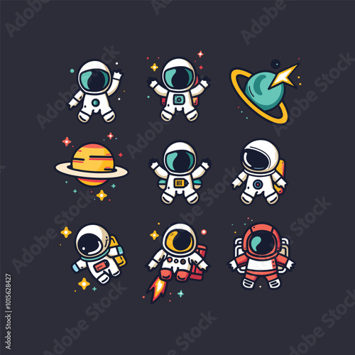 Set astronaut logo cute vector icon illustration style