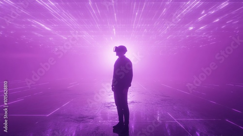 A man in a VR headset stands in a futuristic purple environment with glowing lines.