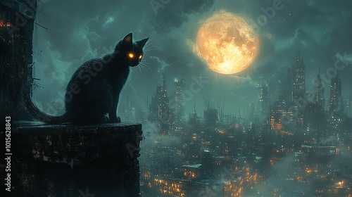 Black Cat Under a Full Moon