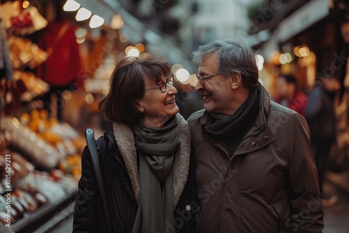 Senior couple walking in the street at Christmas time in Paris, France