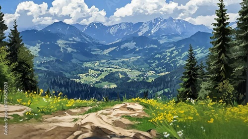 A winding dirt path leads through a field of yellow wildflowers towards a stunning mountain vista