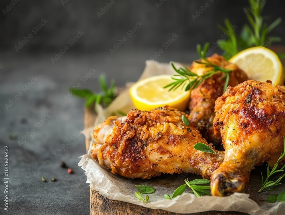 Fried chicken thigh and drumstick on a rustic wooden table, garnished with herbs and lemon slices Crispy and golden skin White background with copy space for promotional content Fried chicken thigh and drumstick on a rustic wooden table, garnished with herbs and lemon slices Crispy and golden skin White background with copy space for promotional content