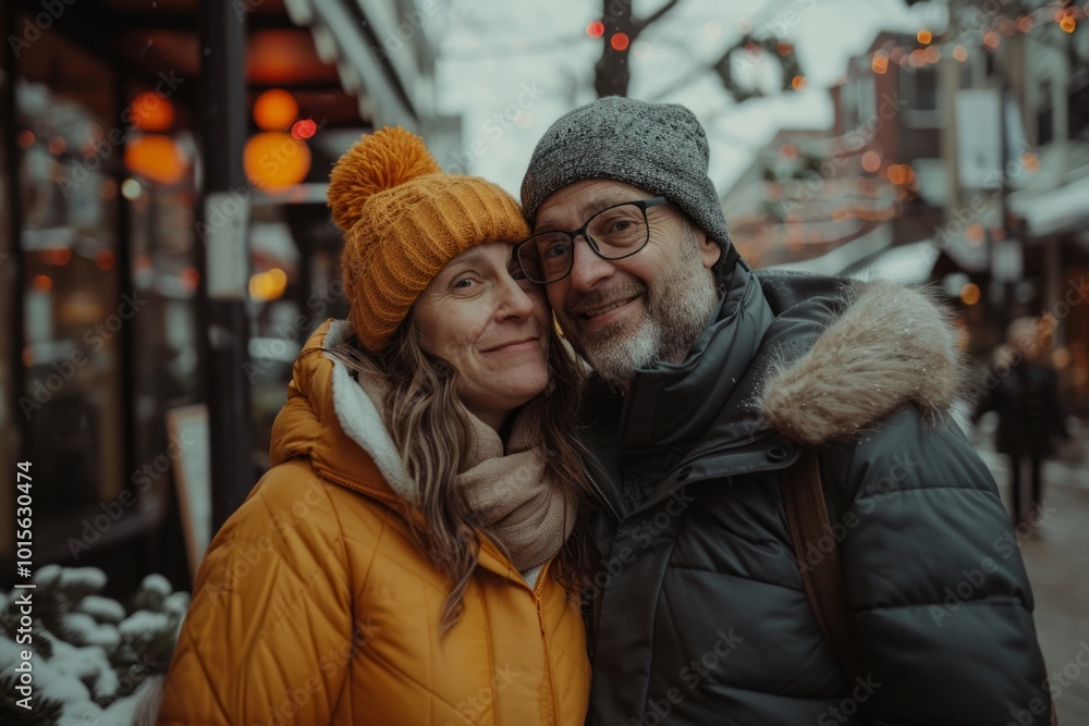 Portrait of a happy senior couple on a winter city street. Portrait of a happy senior couple on a winter city street.