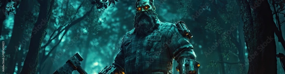 A mysterious figure stands in a dark forest, featuring an axe and mechanical details, enhancing the eerie atmosphere of the night. A mysterious figure stands in a dark forest, featuring an axe and mechanical details, enhancing the eerie atmosphere of the night.