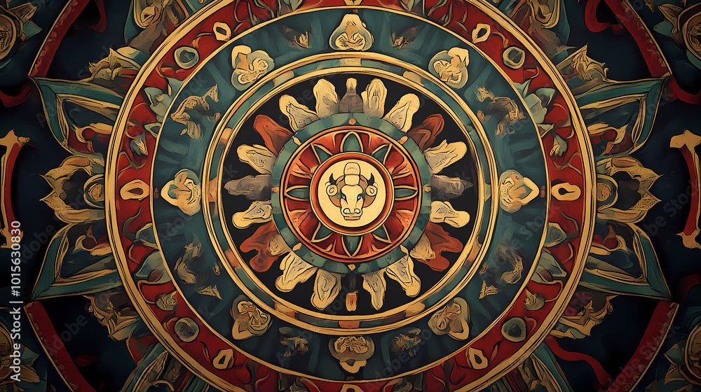 Fototapeta premium A mandala featuring a tibetan style mandala with animals. Tibetan Monastery. Illustration