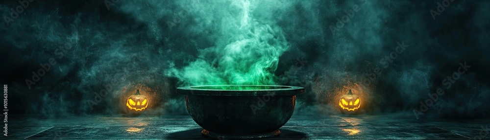 A mystical cauldron emits green smoke, surrounded by glowing jack-o'-lanterns, perfect for Halloween themed designs. A mystical cauldron emits green smoke, surrounded by glowing jack-o'-lanterns, perfect for Halloween themed designs.