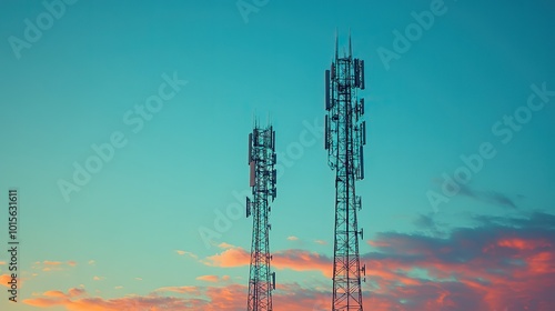 Communications towers are seen from a low angle against a clear blue sky, symbolizing modern communication infrastructure.