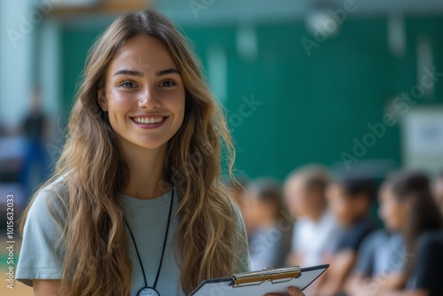 Young woman in a green shirt smiling while holding a clipboard in a busy sports environment photo