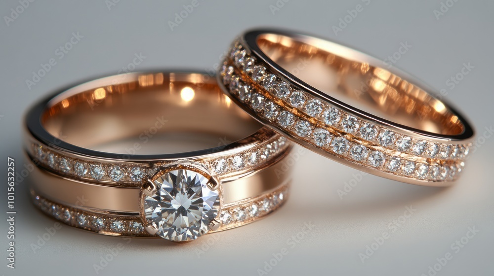 A pair of rose gold wedding bands with diamonds. A pair of rose gold wedding bands with diamonds.
