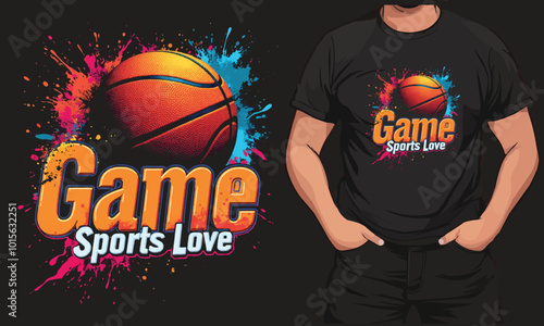 Dynamic Basketball T-shirt Design with Vibrant Splatter Graphics.