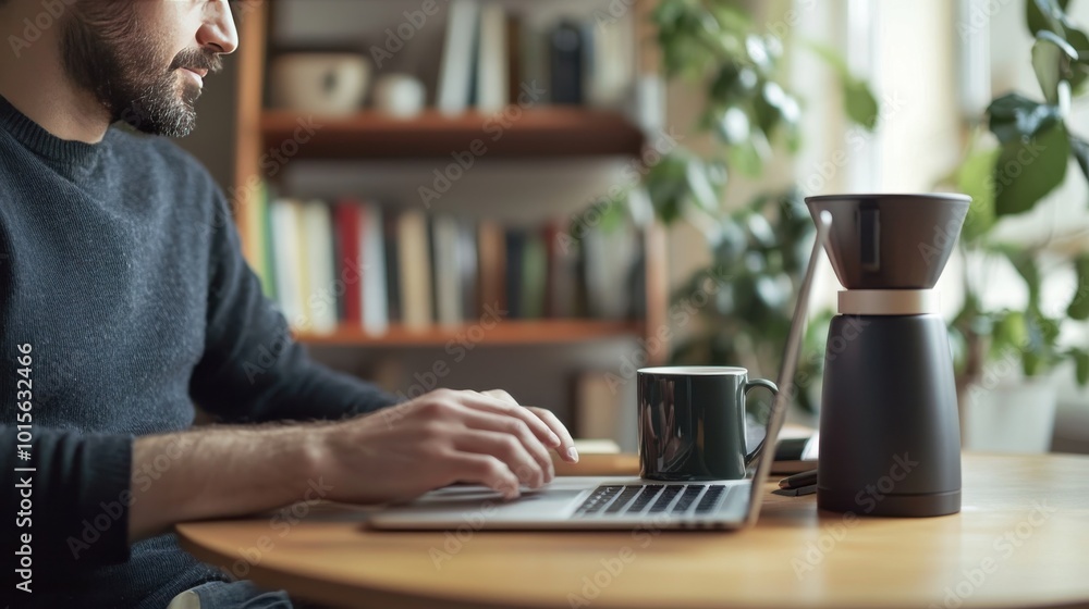 man works on his laptop in a cozy home office, accompanied by a fresh cup of coffee, with a bookshelf and plants in the background, creating a relaxed and productive atmosphere. man works on his laptop in a cozy home office, accompanied by a fresh cup of coffee, with a bookshelf and plants in the background, creating a relaxed and productive atmosphere.