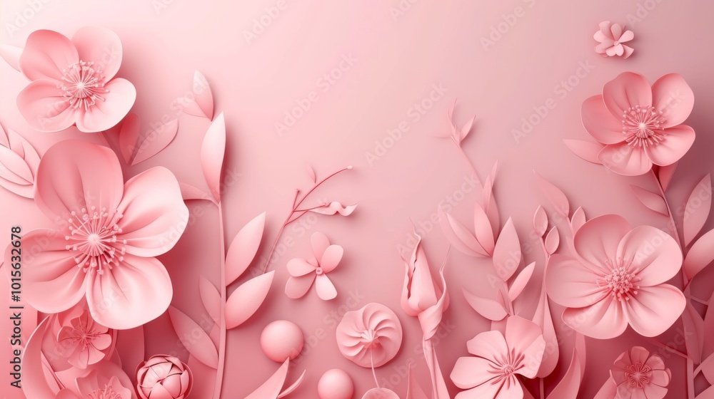 A stunning 3D rendering of pink paper flowers on a pastel background, featuring intricate details of petals and leaves. The soft pink tones create a calming and elegant atmosphere, perfect for design