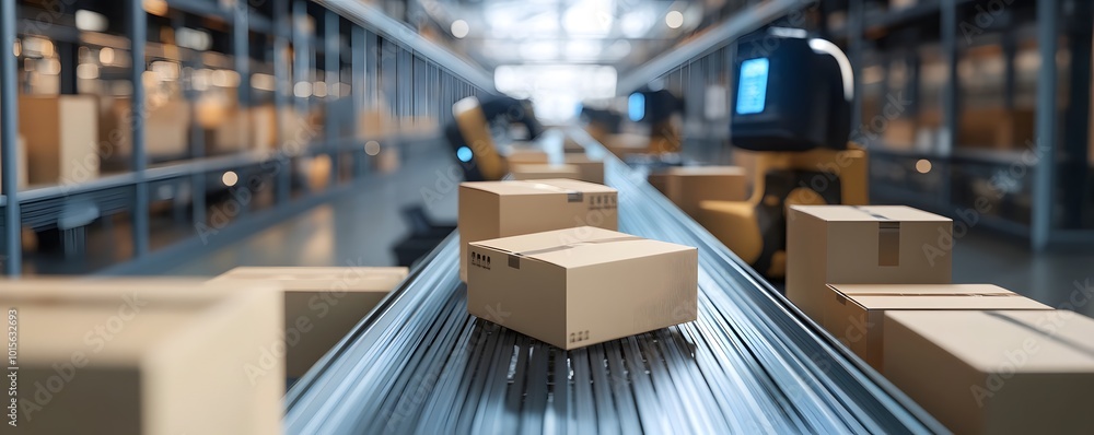 Packages move along a conveyor belt in a modern warehouse, showcasing an organized logistics and fulfillment process. Packages move along a conveyor belt in a modern warehouse, showcasing an organized logistics and fulfillment process.