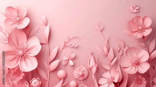 A stunning 3D rendering of pink paper flowers on a pastel background, featuring intricate details of petals and leaves. The soft pink tones create a calming and elegant atmosphere, perfect for design photo