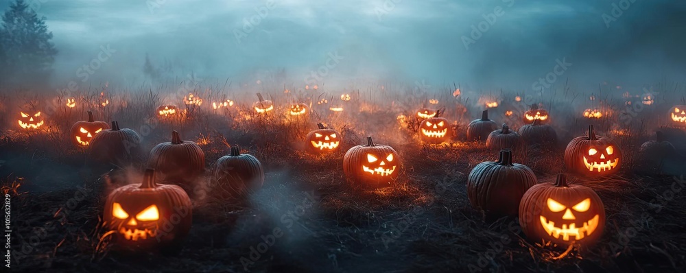 A spooky Halloween scene filled with glowing jack-o'-lanterns in a foggy pumpkin patch, creating an eerie atmosphere. A spooky Halloween scene filled with glowing jack-o'-lanterns in a foggy pumpkin patch, creating an eerie atmosphere.