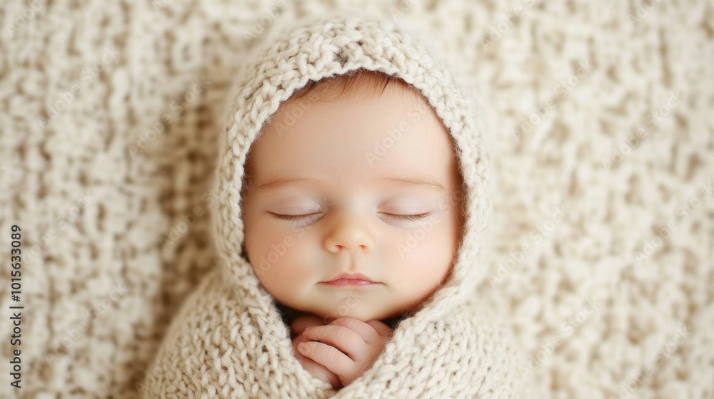 A precious sleeping newborn is snugly wrapped in a soft, knit blanket, enjoying a peaceful rest in a serene indoor setting A precious sleeping newborn is snugly wrapped in a soft, knit blanket, enjoying a peaceful rest in a serene indoor setting