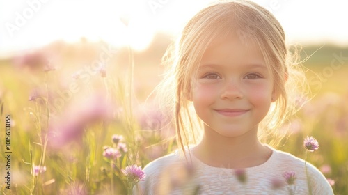 A joyful girl stands in a vibrant wildflower field, basking in the soft glow of the golden hour, surrounded by colorful blossoms