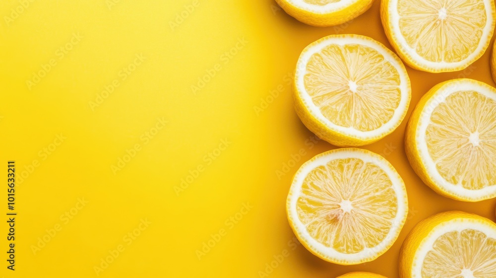 Freshly sliced lemons rest elegantly on a cheerful yellow background, highlighting their juicy texture and vibrant color Freshly sliced lemons rest elegantly on a cheerful yellow background, highlighting their juicy texture and vibrant color