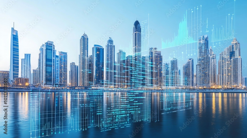 A panoramic view of a modern city skyline with futuristic digital overlays, reflecting on a calm body of water at sunset, symbolizing technological advancement and urban growth. A panoramic view of a modern city skyline with futuristic digital overlays, reflecting on a calm body of water at sunset, symbolizing technological advancement and urban growth.