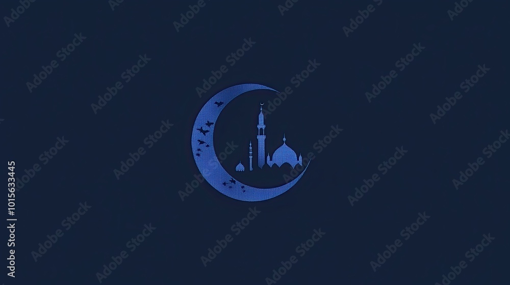 Crescent Moon with Mosque and Birds Silhouette on a Blue Background Crescent Moon with Mosque and Birds Silhouette on a Blue Background