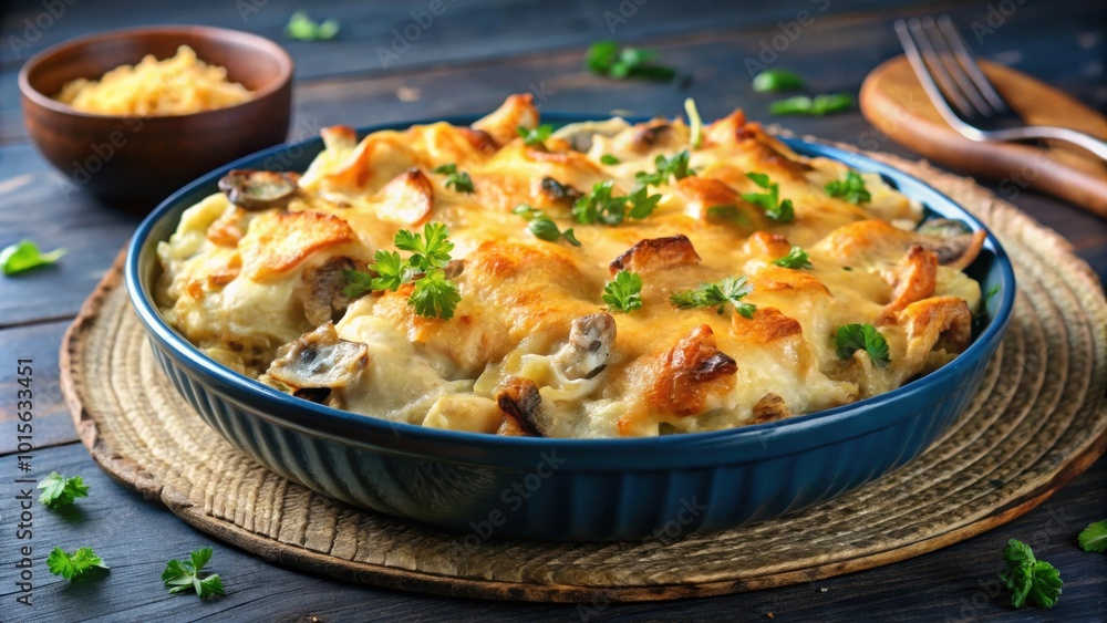 Potato casserole with mushrooms, chicken, and cheese crust on a dark blue plate, comfort food, homemade, savory, hearty Potato casserole with mushrooms, chicken, and cheese crust on a dark blue plate, comfort food, homemade, savory, hearty