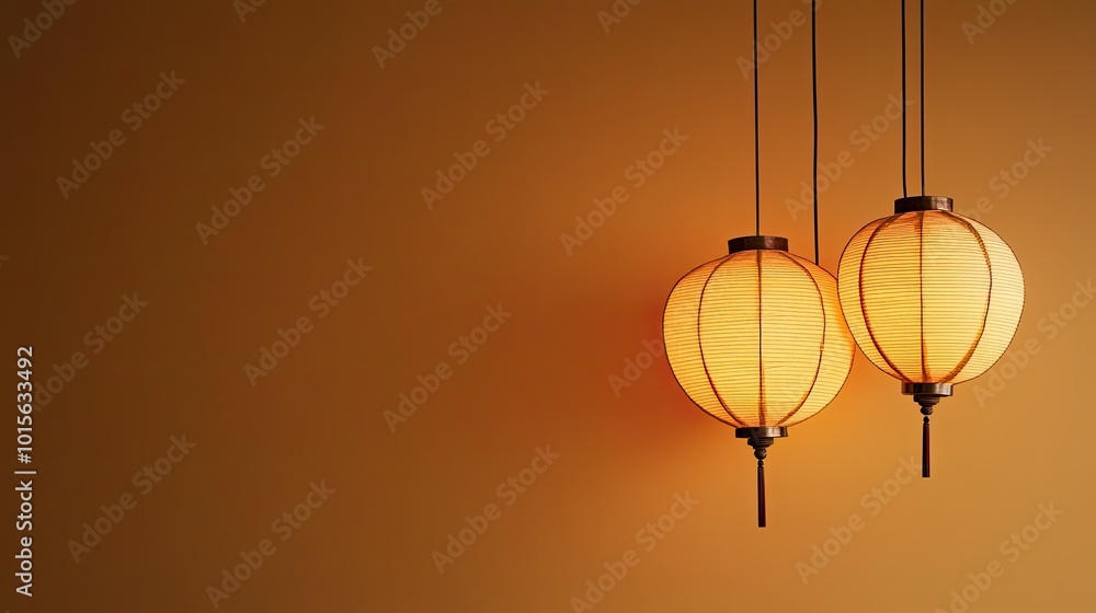 Two Illuminated Paper Lanterns Hanging Against a Warm Orange Wall Two Illuminated Paper Lanterns Hanging Against a Warm Orange Wall