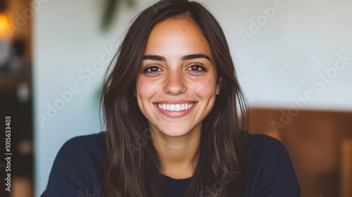 The woman sits comfortably in a cozy café, radiating joy with her warm smile amidst inviting décor and soft lighting