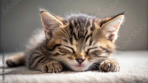 Tabby kitten peacefully sleeping on a soft surface, close-up shot , Tabby, kitten, sleeping, tranquility, peaceful, close-up, cute