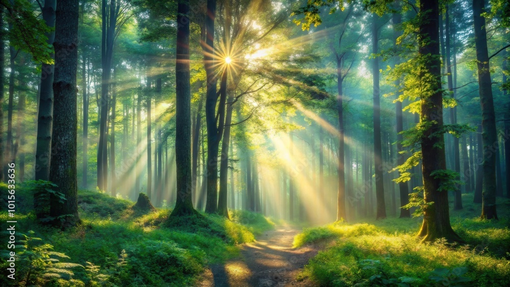 Fototapeta premium Enchanted forest with sun rays filtering through the trees, mystical, magical, fantasy, woodland, nature, sunlight