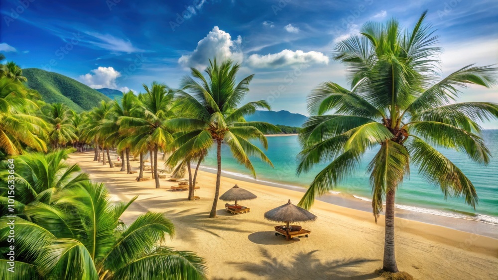 Fototapeta premium Path to the beautiful tropical beach in Vietnam lined with lush green palm trees in an exotic resort setting , palm trees, beach